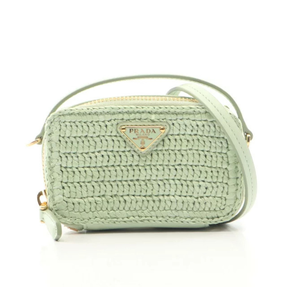 Prada Triangle Pouch Clutch Shoulder Bag Leather Raffia Green